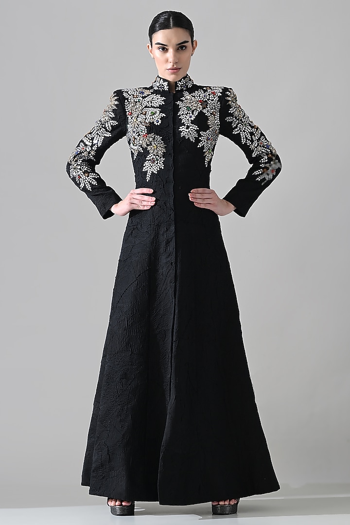 Black Cotton Silk Hand Embroidered Coat Bridal Gown by Samant Chauhan at Pernia's Pop Up Shop
