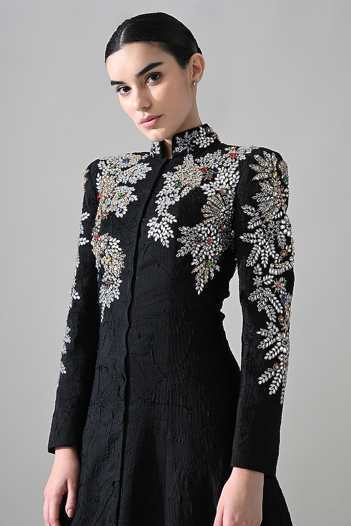 Black Cotton Silk Hand Embroidered Coat Bridal Gown by Samant Chauhan at Pernia's Pop Up Shop