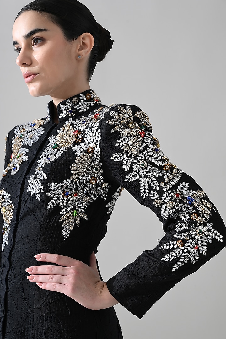 Black Cotton Silk Hand Embroidered Coat Bridal Gown by Samant Chauhan at Pernia's Pop Up Shop