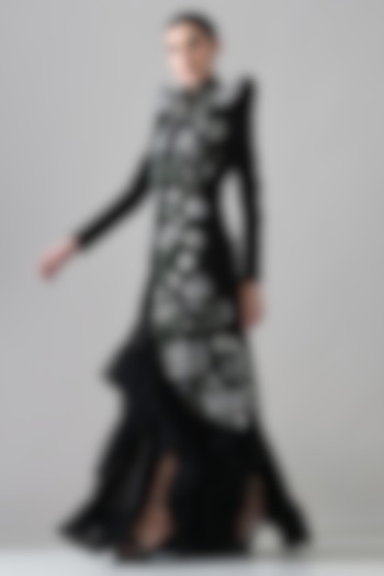 Black Cotton Silk & Net Hand Embroidered Jacket Party Wear Dress by Samant Chauhan at Pernia's Pop Up Shop