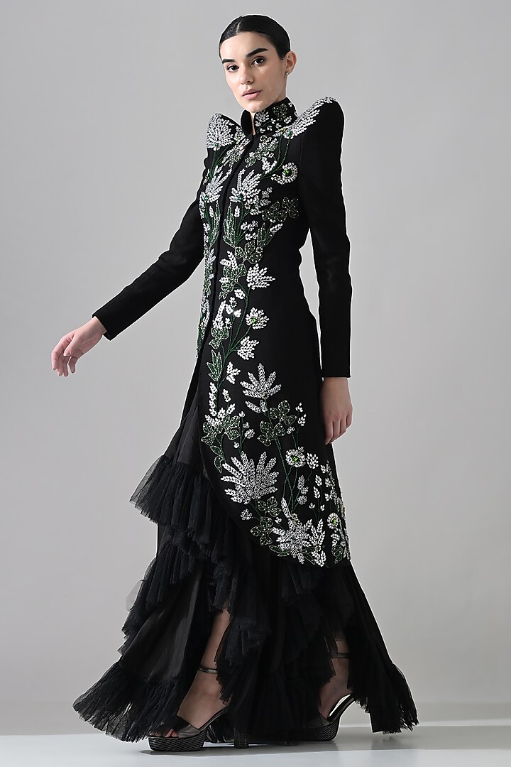 Black Cotton Silk & Net Hand Embroidered Jacket Party Wear Dress by Samant Chauhan at Pernia's Pop Up Shop