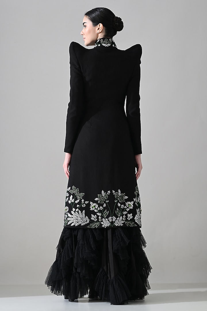 Black Cotton Silk & Net Hand Embroidered Jacket Party Wear Dress by Samant Chauhan at Pernia's Pop Up Shop
