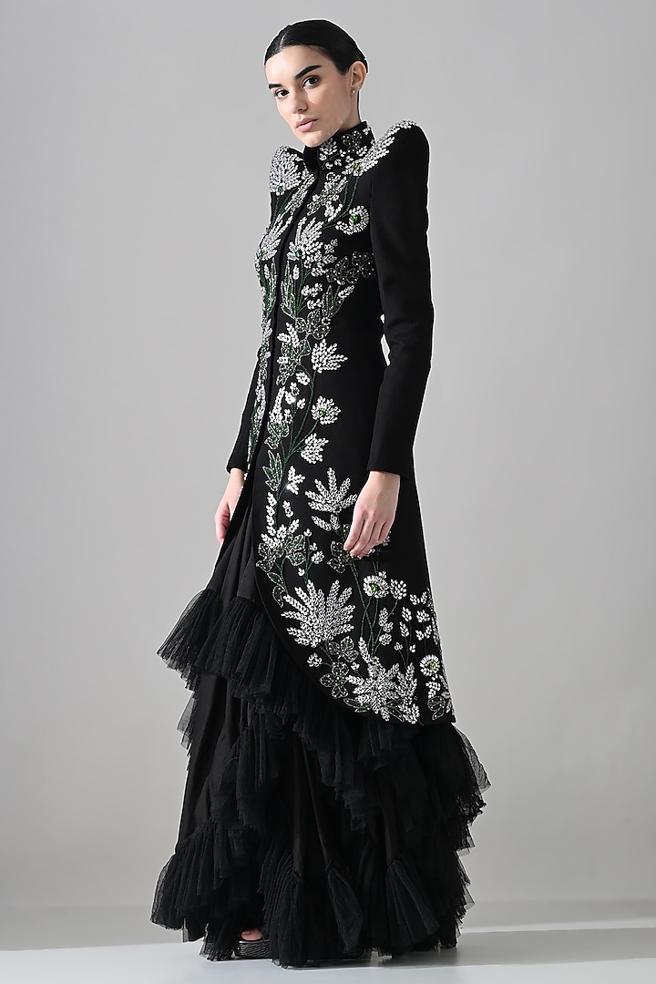 Black Cotton Silk & Net Hand Embroidered Jacket Party Wear Dress by Samant Chauhan at Pernia's Pop Up Shop