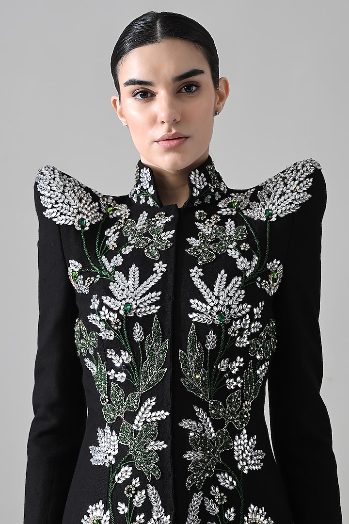 Black Cotton Silk & Net Hand Embroidered Jacket Party Wear Dress by Samant Chauhan at Pernia's Pop Up Shop