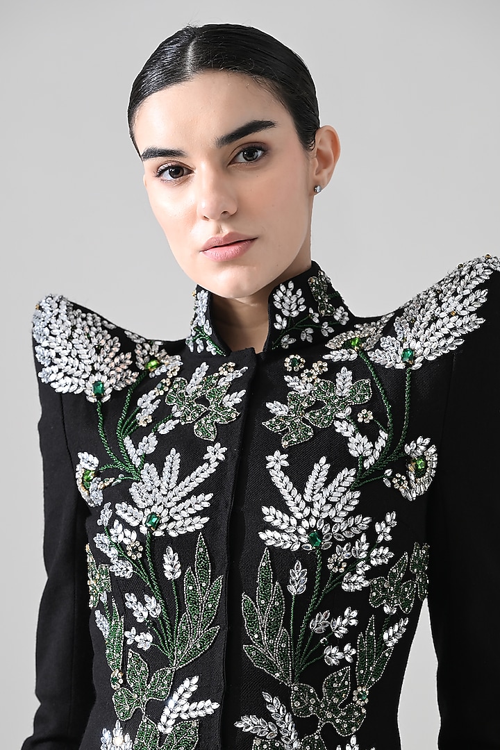 Black Cotton Silk & Net Hand Embroidered Jacket Party Wear Dress by Samant Chauhan at Pernia's Pop Up Shop