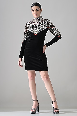 Black Velvet Hand Embroidered Dress by Samant Chauhan