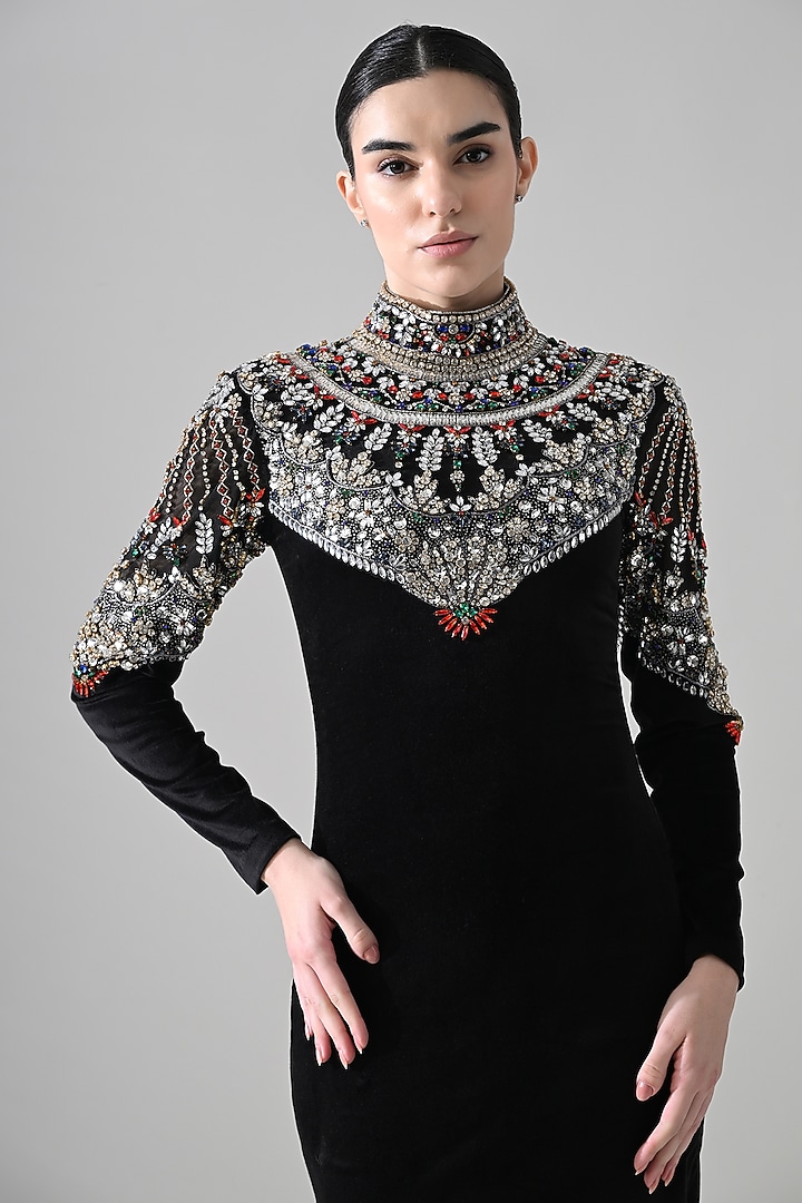 Black Velvet Hand Embroidered Party Wear Dress by Samant Chauhan at Pernia's Pop Up Shop