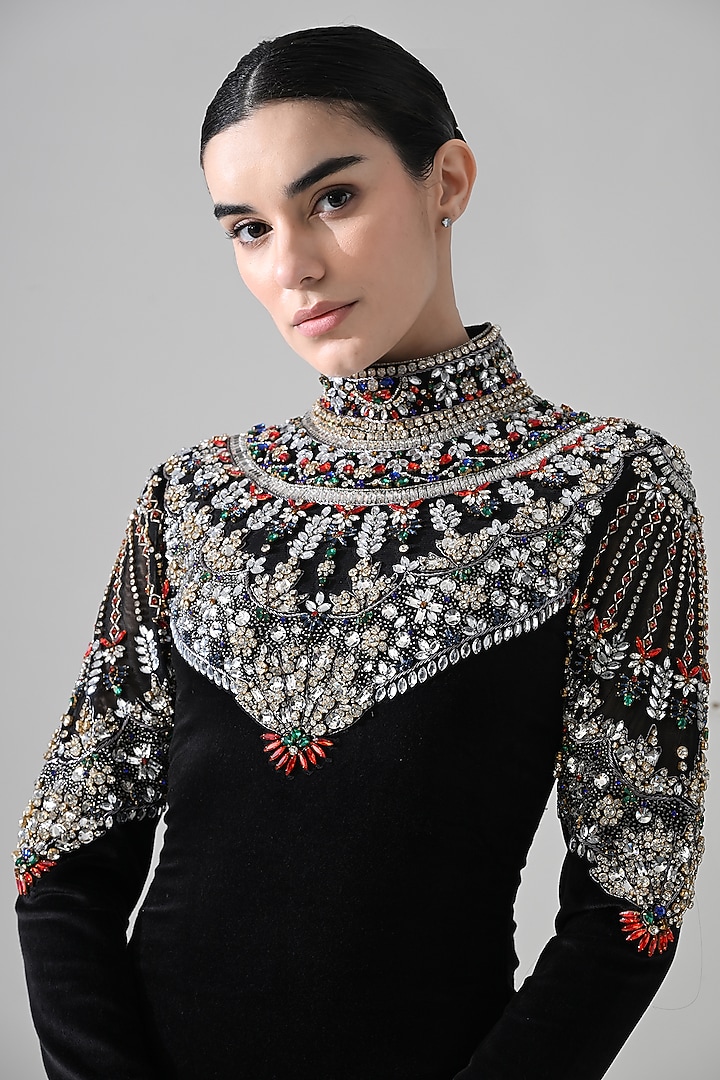 Black Velvet Hand Embroidered Party Wear Dress by Samant Chauhan at Pernia's Pop Up Shop