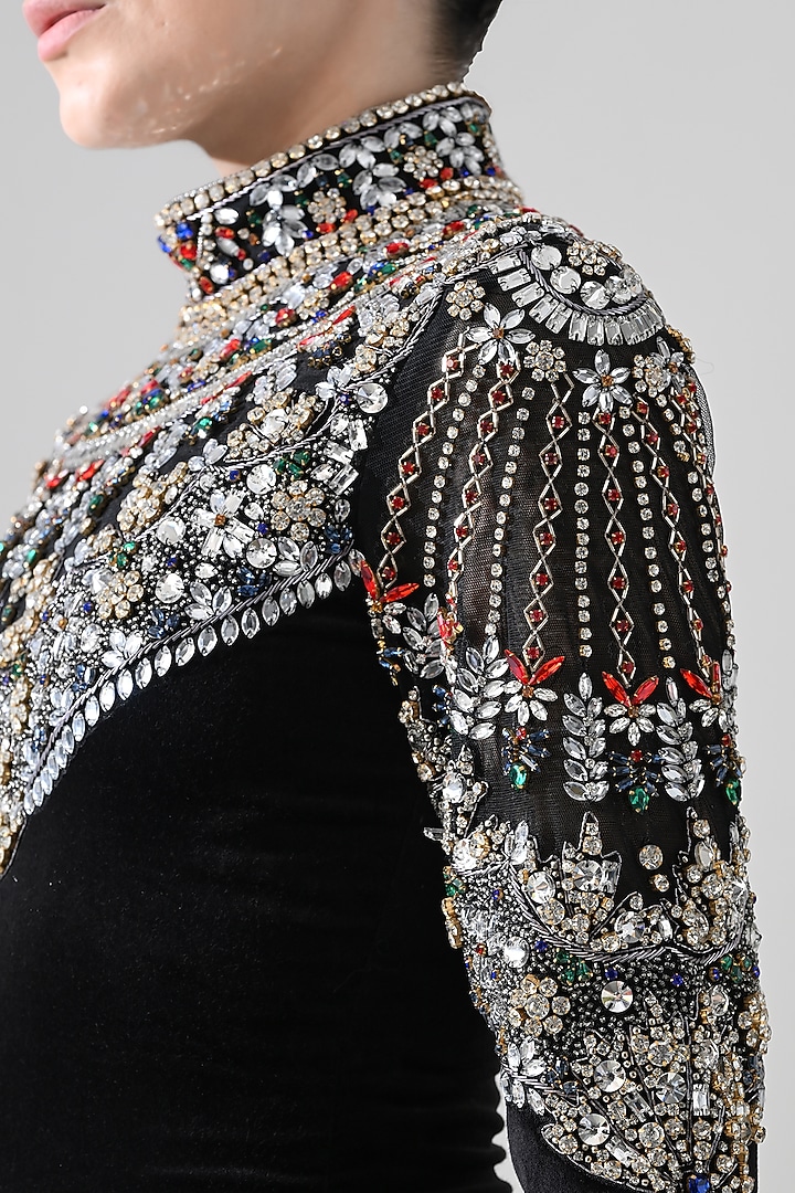 Black Velvet Hand Embroidered Party Wear Dress by Samant Chauhan at Pernia's Pop Up Shop