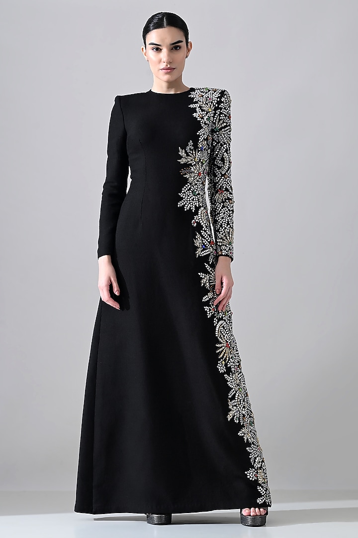 Black Cotton Silk Hand Embroidered Bridal Gown by Samant Chauhan at Pernia's Pop Up Shop
