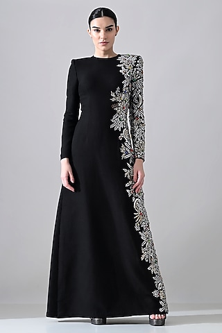 Black Cotton Silk Hand Embroidered Gown by Samant Chauhan
