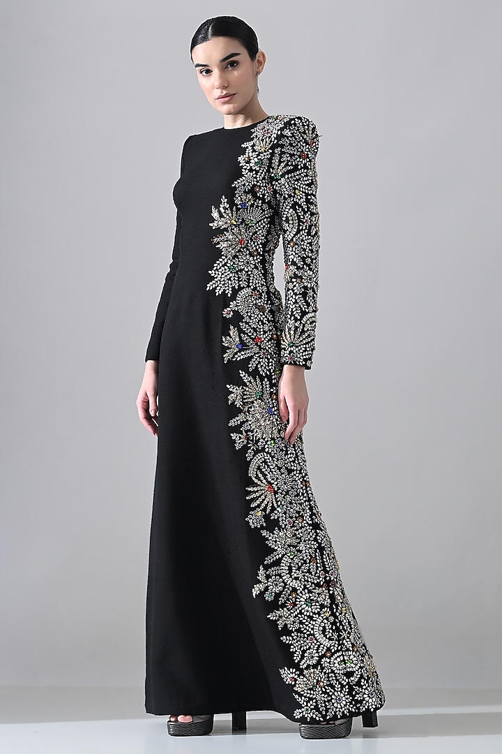Black Cotton Silk Hand Embroidered Bridal Gown by Samant Chauhan at Pernia's Pop Up Shop