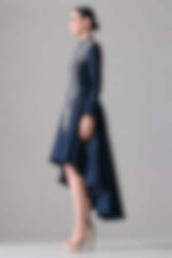 Navy Blue Cotton Silk Hand Embroidered High-Low Party Wear Dress by Samant Chauhan at Pernia's Pop Up Shop