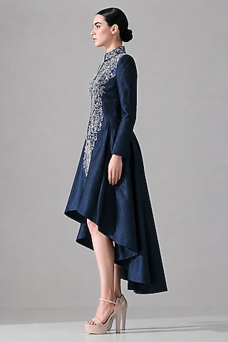 Navy Blue Cotton Silk Hand Embroidered High-Low Dress by Samant Chauhan