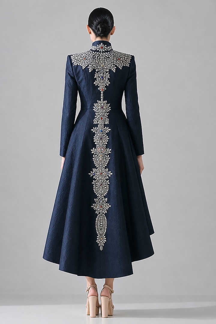 Navy Blue Cotton Silk Hand Embroidered High-Low Party Wear Dress by Samant Chauhan at Pernia's Pop Up Shop