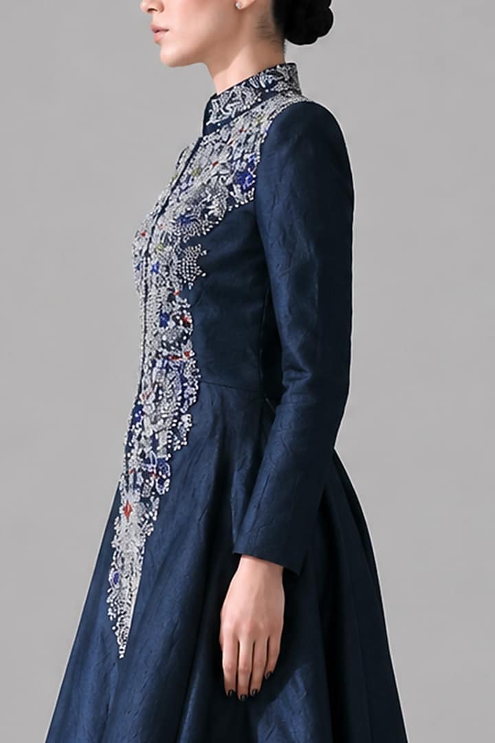 Navy Blue Cotton Silk Hand Embroidered High-Low Party Wear Dress by Samant Chauhan at Pernia's Pop Up Shop