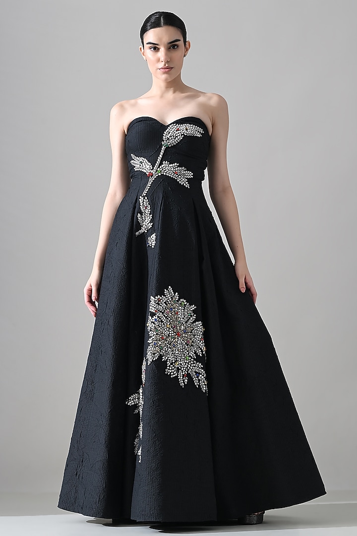 Black Cotton Silk Hand Embroidered A-Line Wedding Gown by Samant Chauhan at Pernia's Pop Up Shop