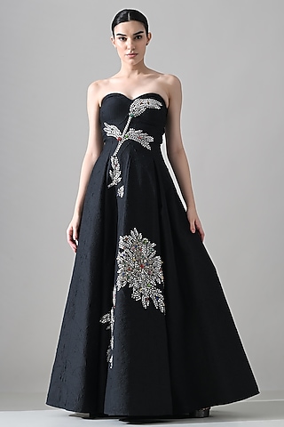 Black Cotton Silk Hand Embroidered A-Line Gown by Samant Chauhan