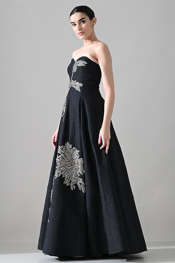 Black Cotton Silk Hand Embroidered A-Line Wedding Gown by Samant Chauhan at Pernia's Pop Up Shop