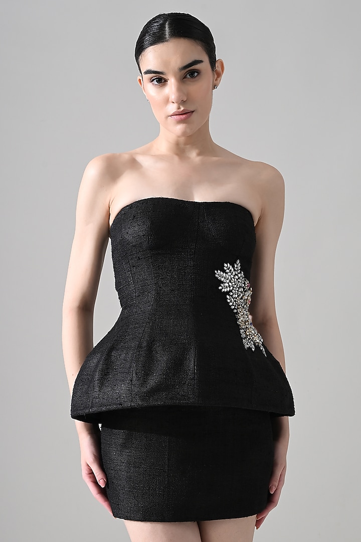 Black Tussar Silk Hand Embellished Mini Party Wear Dress by Samant Chauhan at Pernia's Pop Up Shop