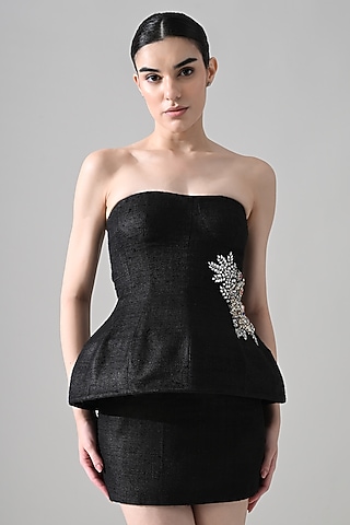Black Tussar Silk Hand Embellished Mini Dress by Samant Chauhan