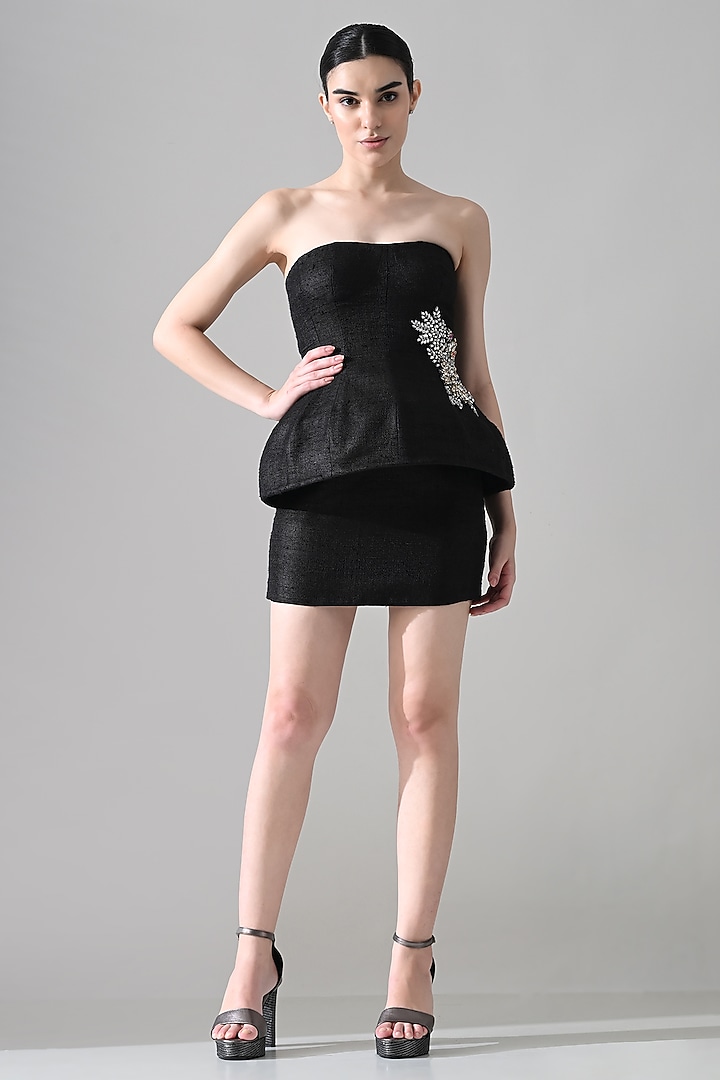 Black Tussar Silk Hand Embellished Mini Party Wear Dress by Samant Chauhan at Pernia's Pop Up Shop