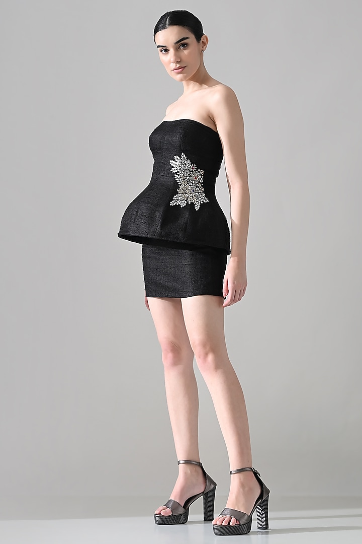 Black Tussar Silk Hand Embellished Mini Party Wear Dress by Samant Chauhan at Pernia's Pop Up Shop