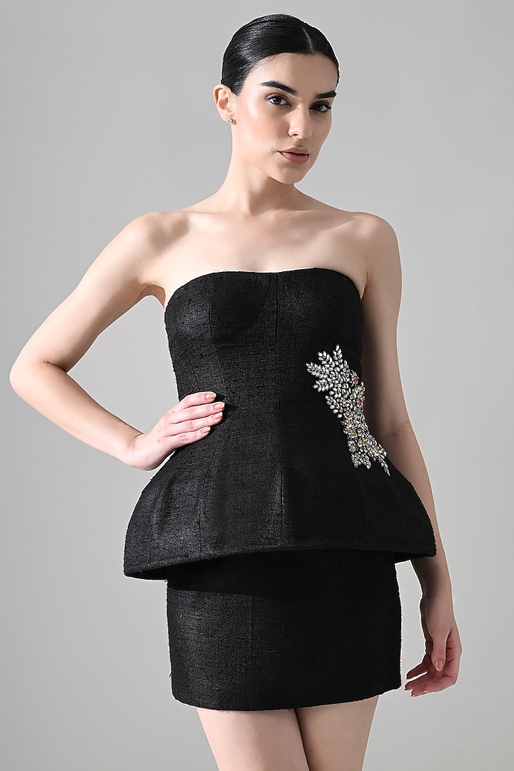 Black Tussar Silk Hand Embellished Mini Party Wear Dress by Samant Chauhan at Pernia's Pop Up Shop