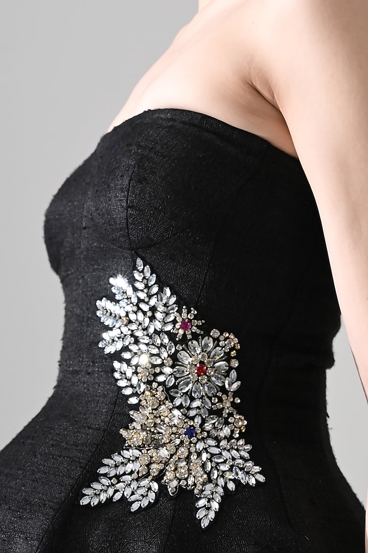 Black Tussar Silk Hand Embellished Mini Party Wear Dress by Samant Chauhan at Pernia's Pop Up Shop