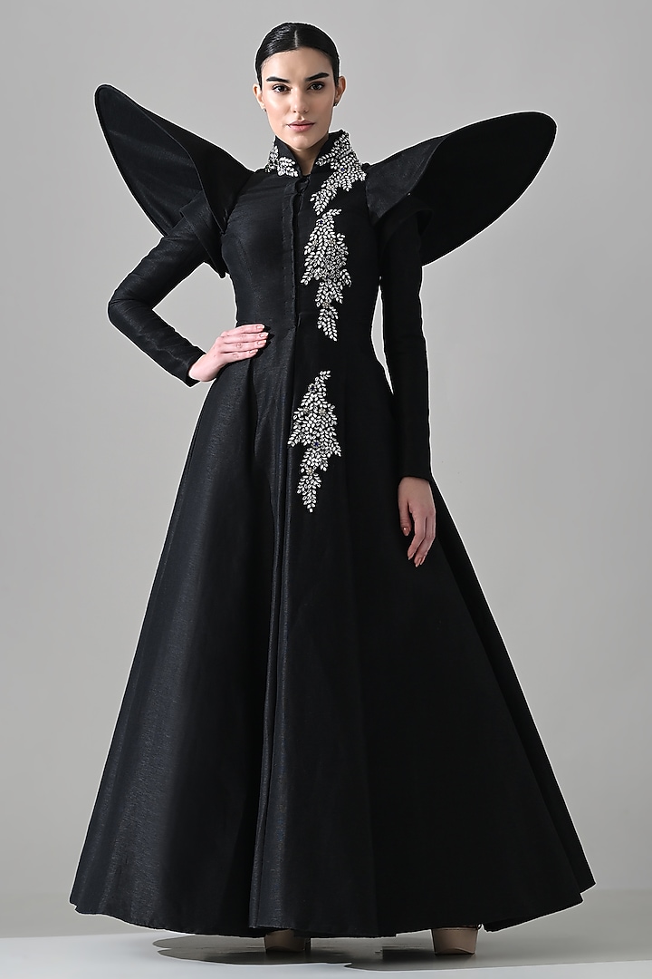 Black Linen Crystal Hand Embroidered A-Line Bridal Gown by Samant Chauhan at Pernia's Pop Up Shop