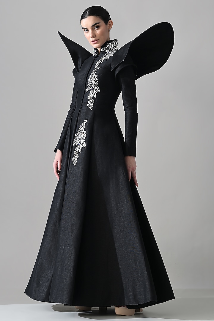 Black Linen Crystal Hand Embroidered A-Line Bridal Gown by Samant Chauhan at Pernia's Pop Up Shop