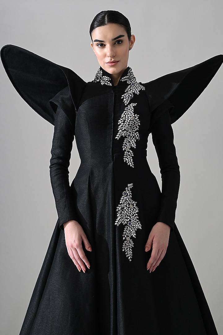 Black Linen Crystal Hand Embroidered A-Line Bridal Gown by Samant Chauhan at Pernia's Pop Up Shop