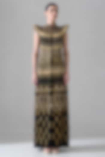 Black Cotton Silk Gold Hand Embroidered Bridal Gown by Samant Chauhan at Pernia's Pop Up Shop