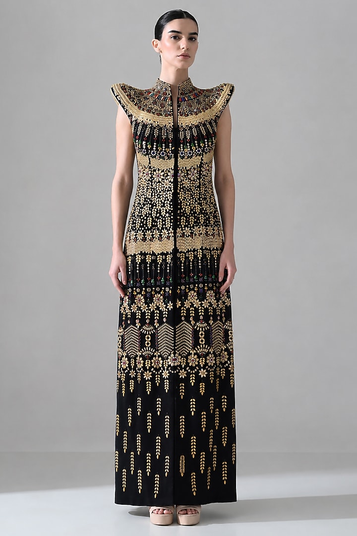 Black Cotton Silk Gold Hand Embroidered Bridal Gown by Samant Chauhan at Pernia's Pop Up Shop