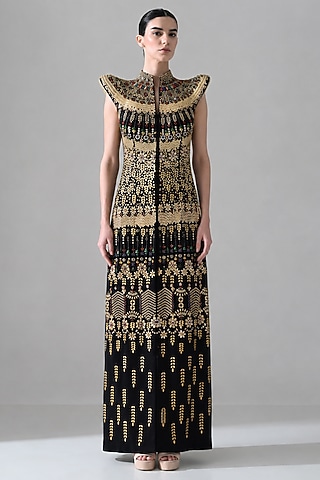 Black Cotton Silk Gold Hand Embroidered Gown by Samant Chauhan
