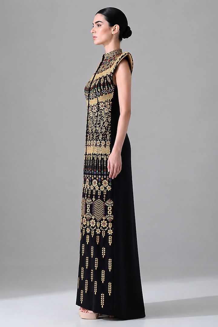 Black Cotton Silk Gold Hand Embroidered Bridal Gown by Samant Chauhan at Pernia's Pop Up Shop
