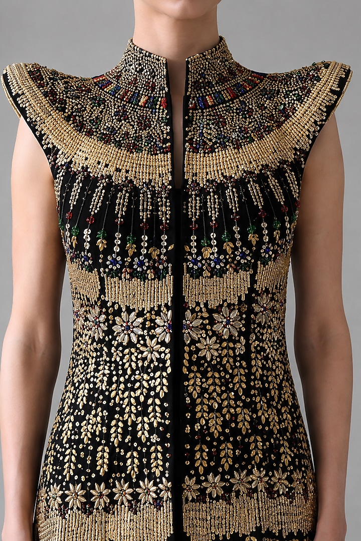 Black Cotton Silk Gold Hand Embroidered Bridal Gown by Samant Chauhan at Pernia's Pop Up Shop