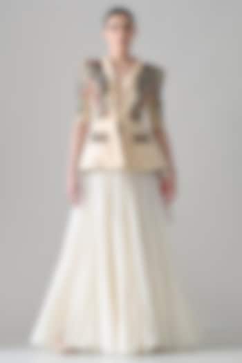 Beige Crushed Cotton Hand Embroidered Skirt Set by Samant Chauhan at Pernia's Pop Up Shop