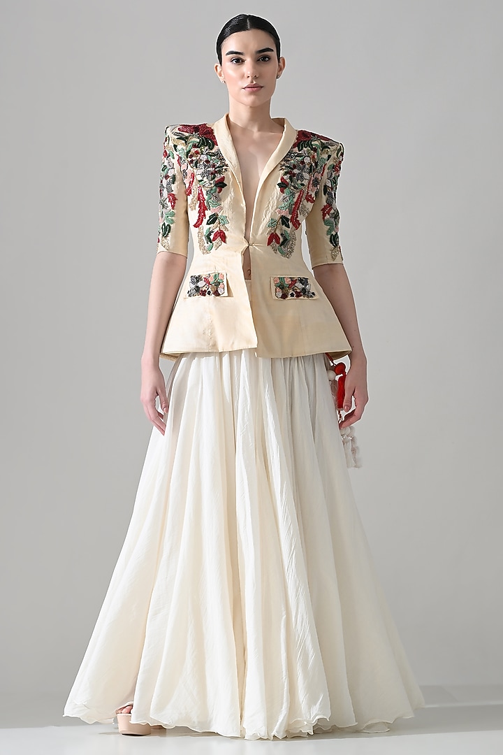 Beige Crushed Cotton Hand Embroidered Skirt Set by Samant Chauhan at Pernia's Pop Up Shop