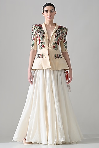 Beige Crushed Cotton Hand Embroidered Skirt Set by Samant Chauhan