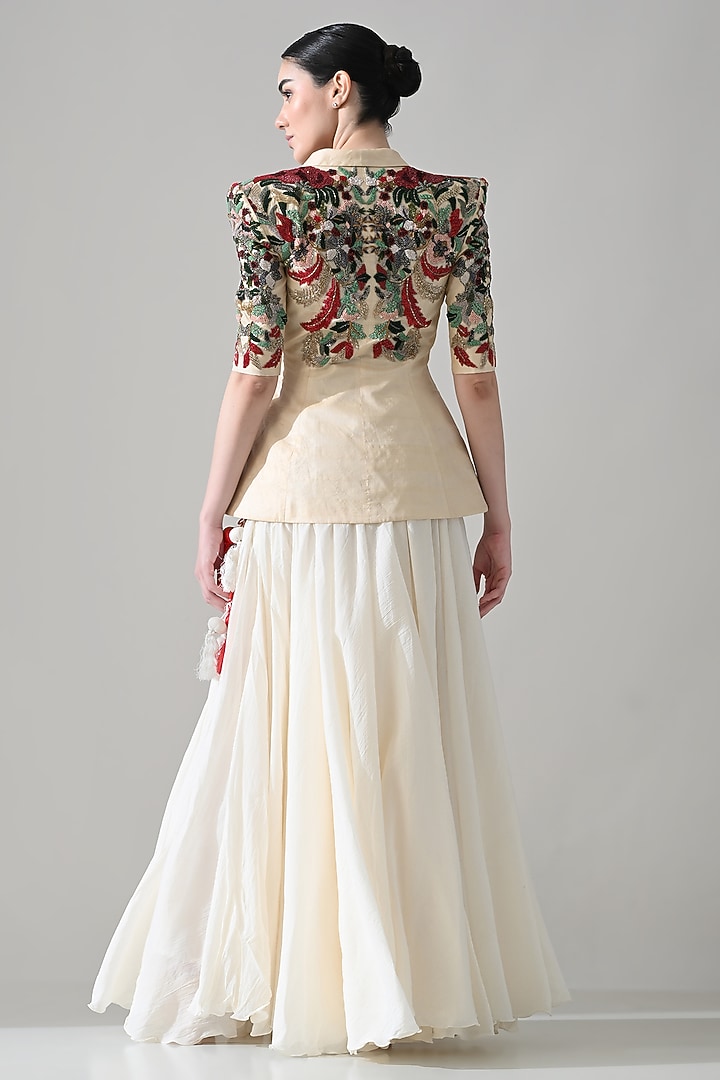 Beige Crushed Cotton Hand Embroidered Skirt Set by Samant Chauhan at Pernia's Pop Up Shop