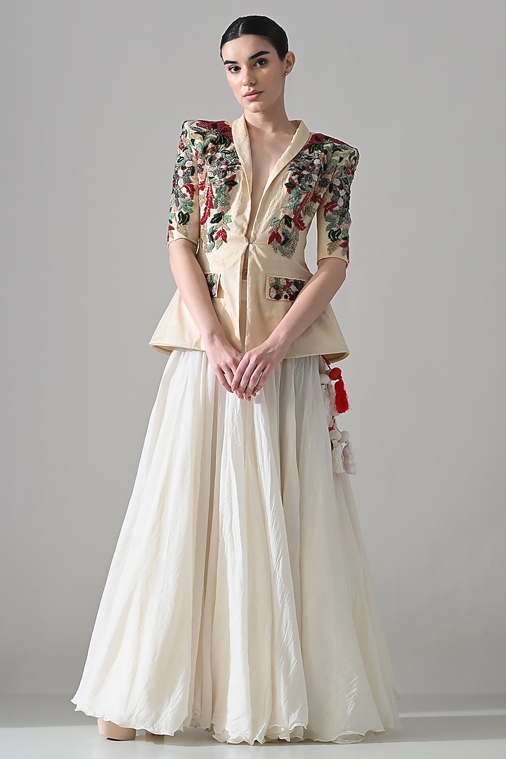 Beige Crushed Cotton Hand Embroidered Skirt Set by Samant Chauhan at Pernia's Pop Up Shop