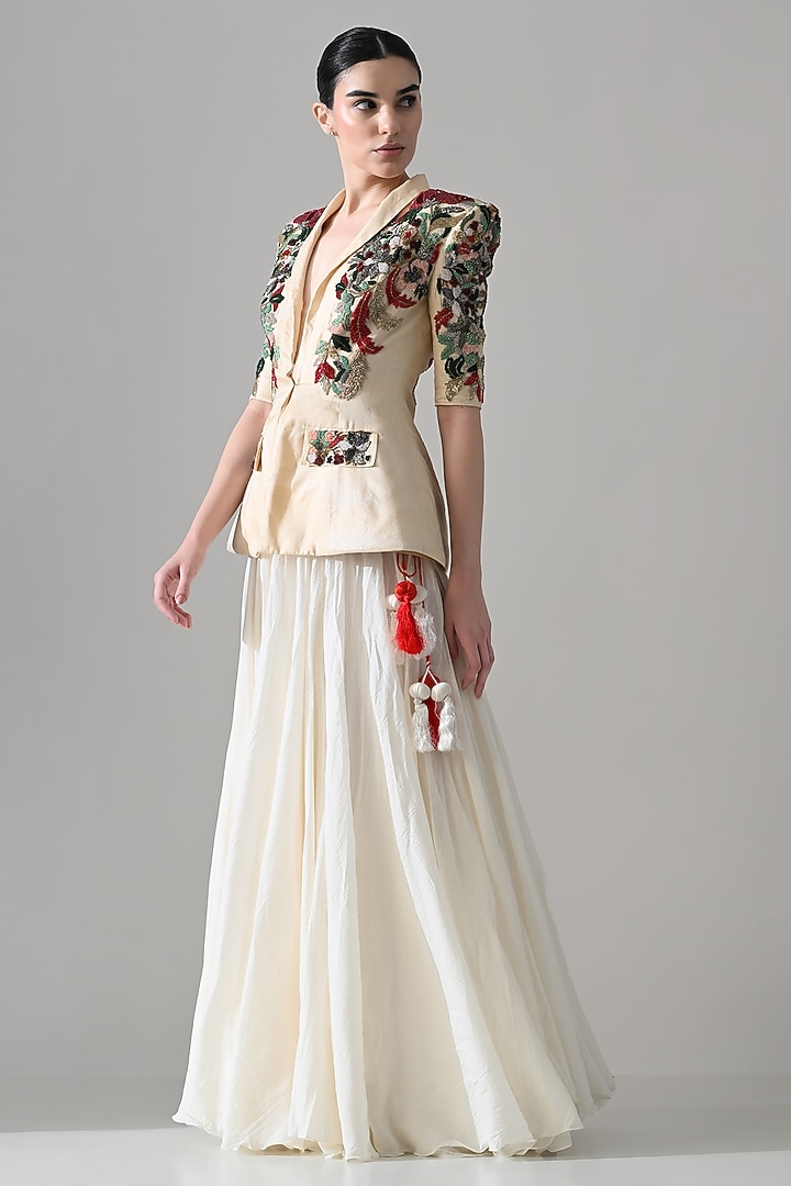 Beige Crushed Cotton Hand Embroidered Skirt Set by Samant Chauhan at Pernia's Pop Up Shop