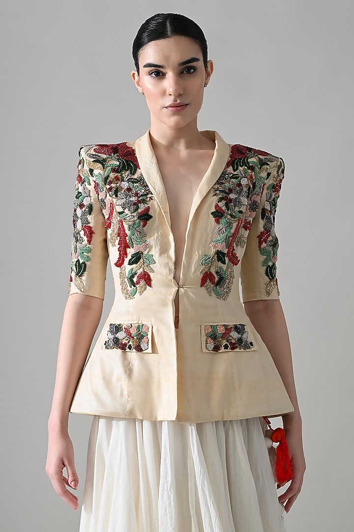 Beige Crushed Cotton Hand Embroidered Skirt Set by Samant Chauhan at Pernia's Pop Up Shop