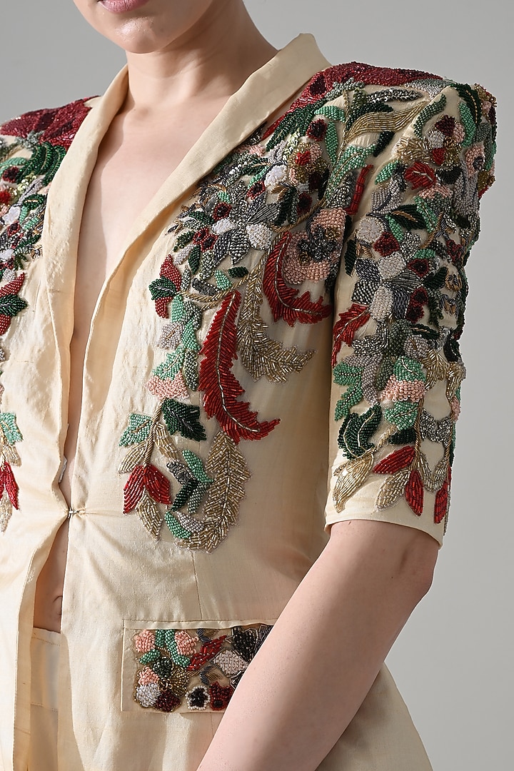 Beige Crushed Cotton Hand Embroidered Skirt Set by Samant Chauhan at Pernia's Pop Up Shop