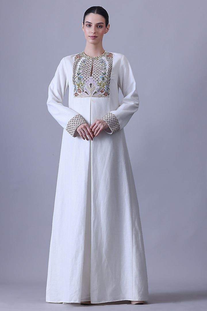 Ivory Cotton Silk Thread Embroidered Party Wear Dress by Samant Chauhan at Pernia's Pop Up Shop