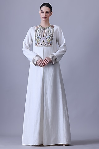 Ivory Cotton Silk Thread Embroidered Dress by Samant Chauhan