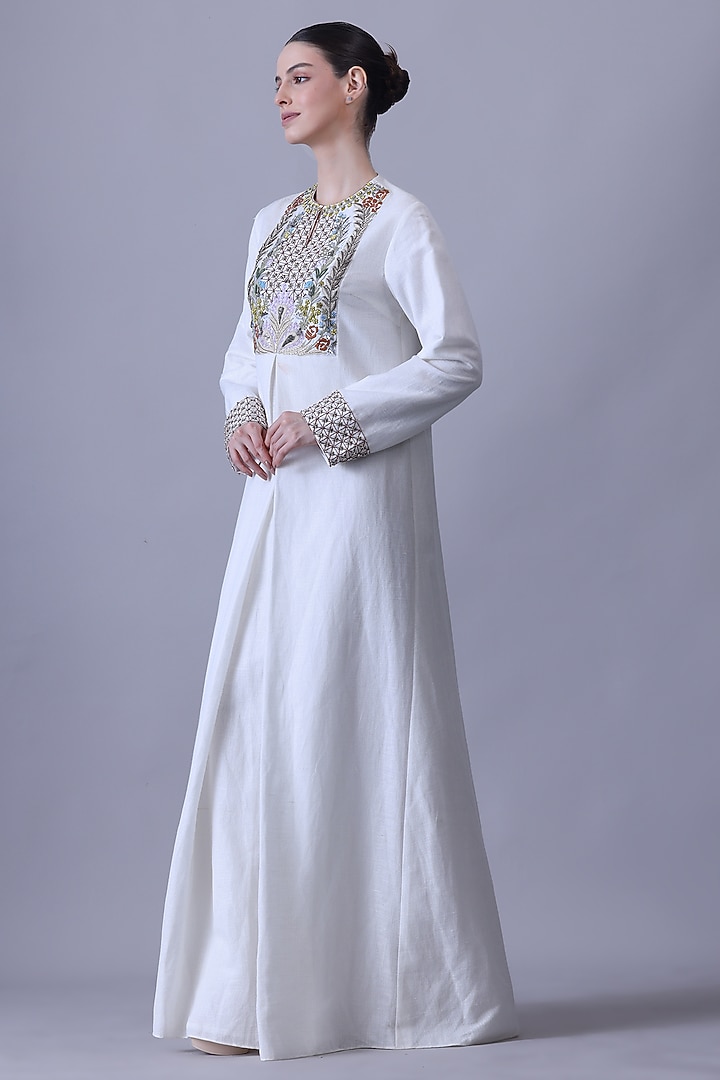 Ivory Cotton Silk Thread Embroidered Party Wear Dress by Samant Chauhan at Pernia's Pop Up Shop