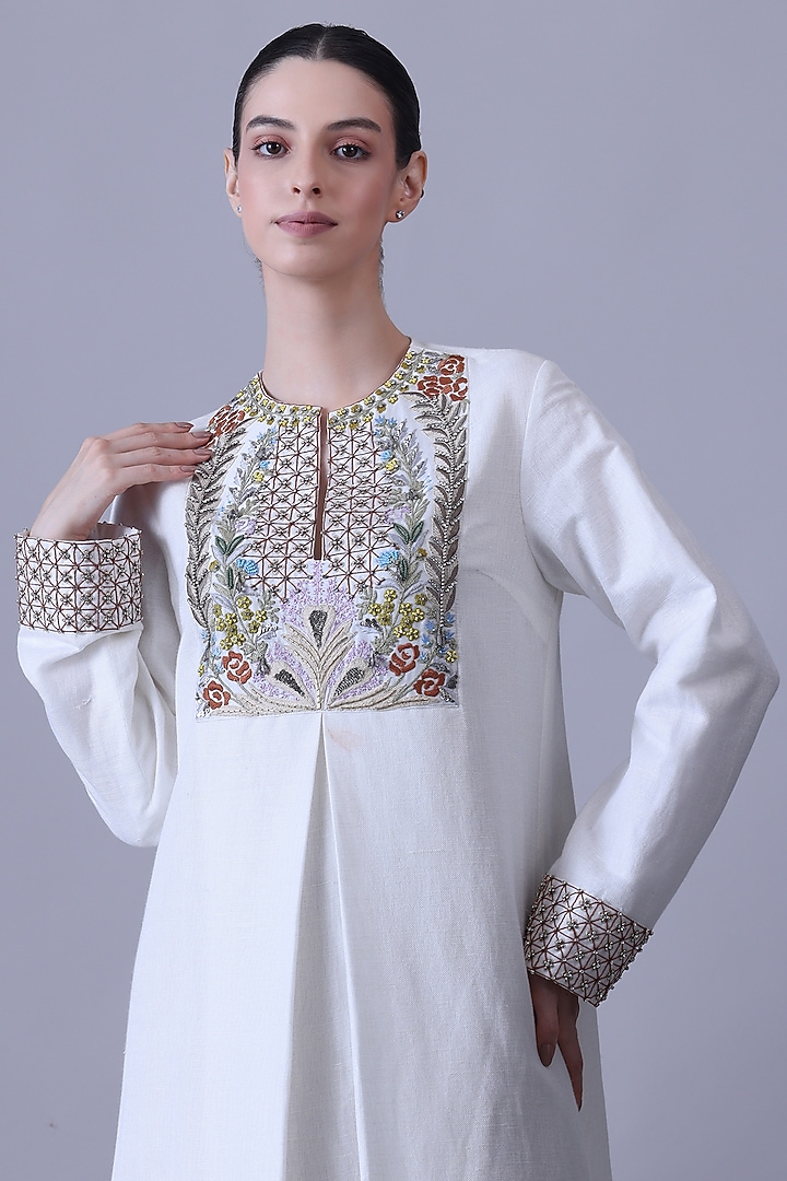 Ivory Cotton Silk Thread Embroidered Party Wear Dress by Samant Chauhan at Pernia's Pop Up Shop