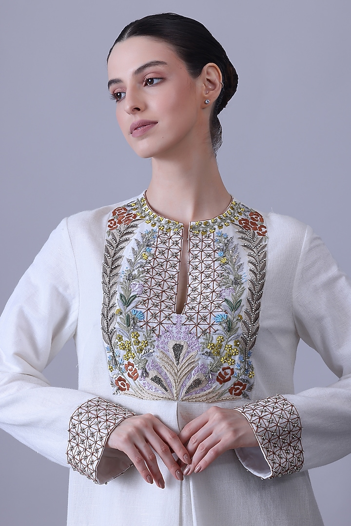 Ivory Cotton Silk Thread Embroidered Party Wear Dress by Samant Chauhan at Pernia's Pop Up Shop